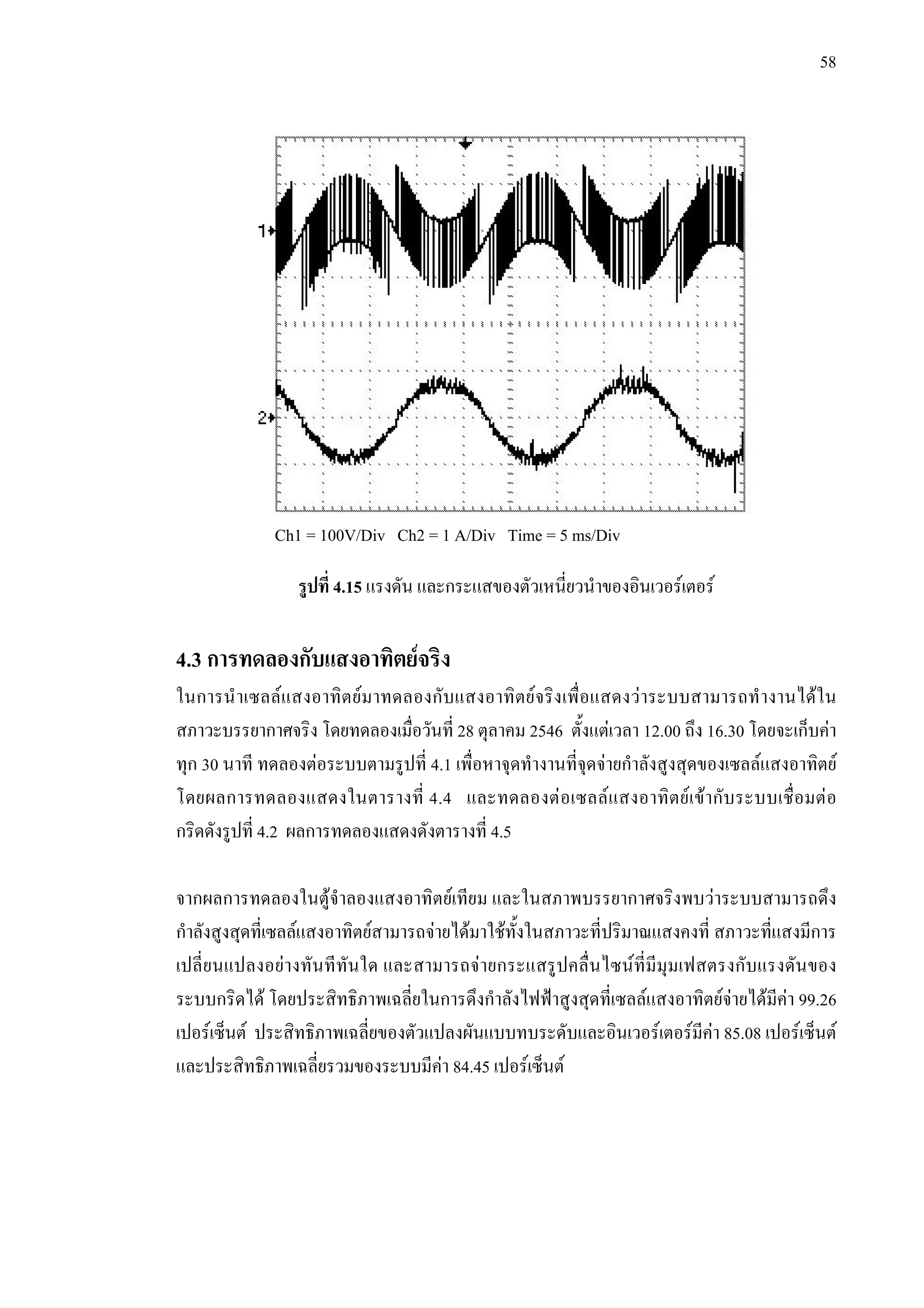 58
รูปที่ 4.15 แรงดัน และกระแสของตัวเหนี่ยวนําของอินเวอรเตอร
4.3 การทดลองกับแสงอาทิตยจริง
ในการนําเซลลแสงอาทิตยมาทดลองกับแสงอาทิตยจริงเพื่อแสดงวาระบบสามารถทํางานไดใน
สภาวะบรรยากาศจริง โดยทดลองเมื่อวันที่ 28 ตุลาคม 2546 ตั้งแตเวลา 12.00 ถึง 16.30 โดยจะเก็บคา
ทุก 30 นาที ทดลองตอระบบตามรูปที่ 4.1 เพื่อหาจุดทํางานที่จุดจายกําลังสูงสุดของเซลลแสงอาทิตย
โดยผลการทดลองแสดงในตารางที่ 4.4 และทดลองตอเซลลแสงอาทิตยเขากับระบบเชื่อมตอ
กริดดังรูปที่ 4.2 ผลการทดลองแสดงดังตารางที่ 4.5
จากผลการทดลองในตูจําลองแสงอาทิตยเทียม และในสภาพบรรยากาศจริงพบวาระบบสามารถดึง
กําลังสูงสุดที่เซลลแสงอาทิตยสามารถจายไดมาใชทั้งในสภาวะที่ปริมาณแสงคงที่ สภาวะที่แสงมีการ
เปลี่ยนแปลงอยางทันทีทันใด และสามารถจายกระแสรูปคลื่นไซนที่มีมุมเฟสตรงกับแรงดันของ
ระบบกริดได โดยประสิทธิภาพเฉลี่ยในการดึงกําลังไฟฟาสูงสุดที่เซลลแสงอาทิตยจายไดมีคา 99.26
เปอรเซ็นต ประสิทธิภาพเฉลี่ยของตัวแปลงผันแบบทบระดับและอินเวอรเตอรมีคา 85.08 เปอรเซ็นต
และประสิทธิภาพเฉลี่ยรวมของระบบมีคา 84.45 เปอรเซ็นต
Ch1 = 100V/Div Ch2 = 1 A/Div Time = 5 ms/Div
 
