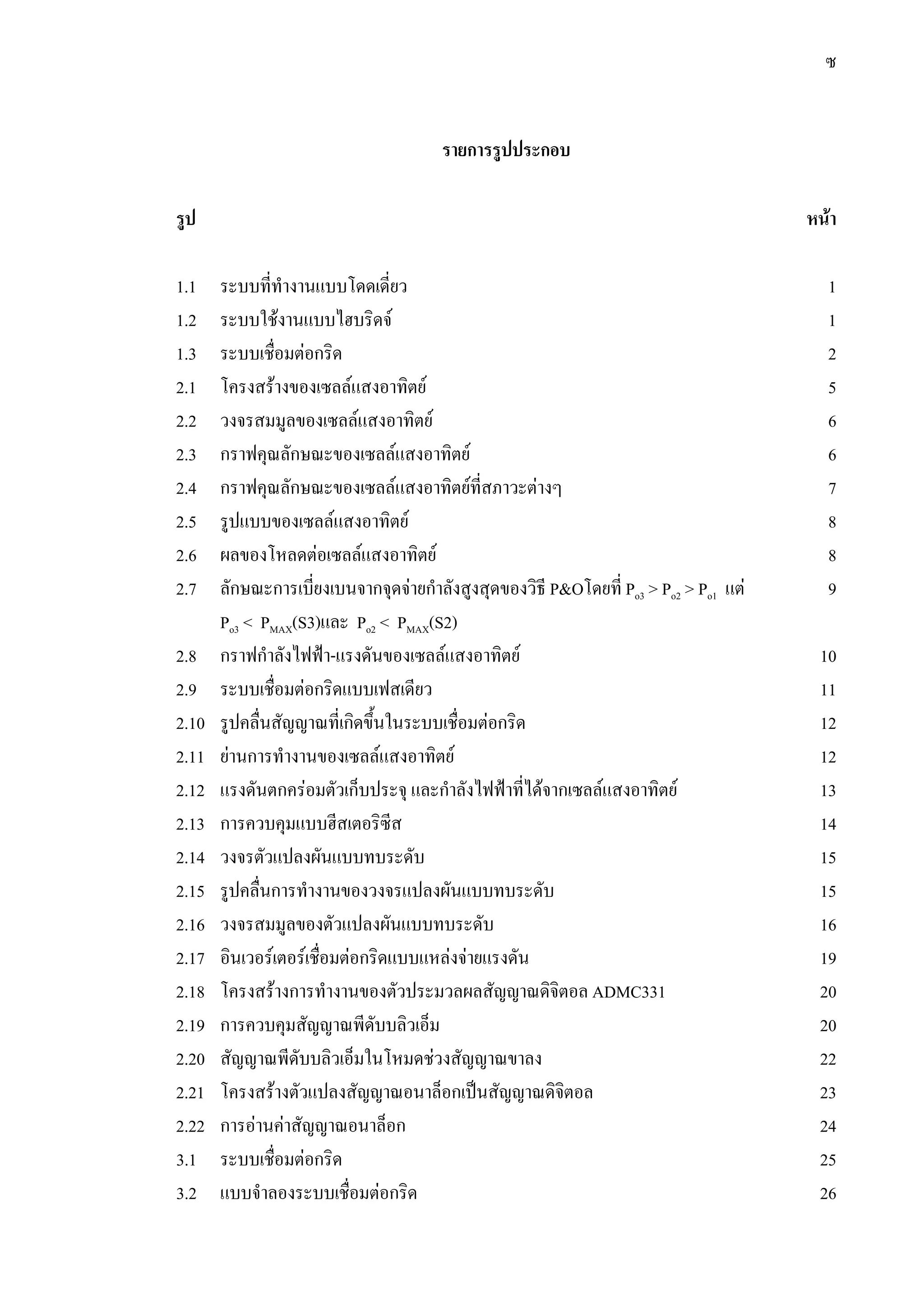 ซ
รายการรูปประกอบ
รูป หนา
1.1 ระบบที่ทํางานแบบโดดเดี่ยว 1
1.2 ระบบใชงานแบบไฮบริดจ 1
1.3 ระบบเชื่อมตอกริด 2
2.1 โครงสรางของเซลลแสงอาทิตย 5
2.2 วงจรสมมูลของเซลลแสงอาทิตย 6
2.3 กราฟคุณลักษณะของเซลลแสงอาทิตย 6
2.4 กราฟคุณลักษณะของเซลลแสงอาทิตยที่สภาวะตางๆ 7
2.5 รูปแบบของเซลลแสงอาทิตย 8
2.6 ผลของโหลดตอเซลลแสงอาทิตย 8
2.7 ลักษณะการเบี่ยงเบนจากจุดจายกําลังสูงสุดของวิธี P&Oโดยที่ Po3 > Po2 > Po1 แต 9
Po3 < PMAX(S3)และ Po2 < PMAX(S2)
2.8 กราฟกําลังไฟฟา-แรงดันของเซลลแสงอาทิตย 10
2.9 ระบบเชื่อมตอกริดแบบเฟสเดียว 11
2.10 รูปคลื่นสัญญาณที่เกิดขึ้นในระบบเชื่อมตอกริด 12
2.11 ยานการทํางานของเซลลแสงอาทิตย 12
2.12 แรงดันตกครอมตัวเก็บประจุ และกําลังไฟฟาที่ไดจากเซลลแสงอาทิตย 13
2.13 การควบคุมแบบฮีสเตอริซีส 14
2.14 วงจรตัวแปลงผันแบบทบระดับ 15
2.15 รูปคลื่นการทํางานของวงจรแปลงผันแบบทบระดับ 15
2.16 วงจรสมมูลของตัวแปลงผันแบบทบระดับ 16
2.17 อินเวอรเตอรเชื่อมตอกริดแบบแหลงจายแรงดัน 19
2.18 โครงสรางการทํางานของตัวประมวลผลสัญญาณดิจิตอล ADMC331 20
2.19 การควบคุมสัญญาณพีดับบลิวเอ็ม 20
2.20 สัญญาณพีดับบลิวเอ็มในโหมดชวงสัญญาณขาลง 22
2.21 โครงสรางตัวแปลงสัญญาณอนาล็อกเปนสัญญาณดิจิตอล 23
2.22 การอานคาสัญญาณอนาล็อก 24
3.1 ระบบเชื่อมตอกริด 25
3.2 แบบจําลองระบบเชื่อมตอกริด 26
 