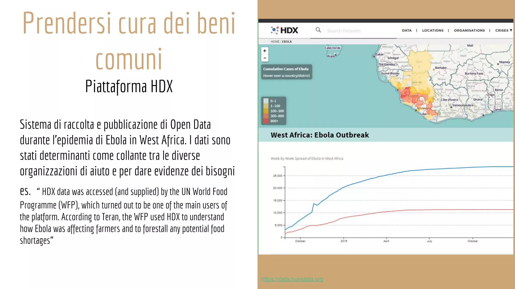Prendersi cura dei beni
comuni
Piattaforma HDX
Sistema di raccolta e pubblicazione di Open Data
durante l’epidemia di Ebola in West Africa. I dati sono
stati determinanti come collante tra le diverse
organizzazioni di aiuto e per dare evidenze dei bisogni
es. “ HDX data was accessed (and supplied) by the UN World Food
Programme (WFP), which turned out to be one of the main users of
the platform. According to Teran, the WFP used HDX to understand
how Ebola was affecting farmers and to forestall any potential food
shortages”
https://data.humdata.org
 