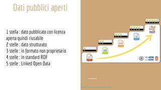 Dati pubblici aperti
1 stella : dato pubblicato con licenza
aperta quindi riusabile
2 stelle : dato strutturato
3 stelle :...