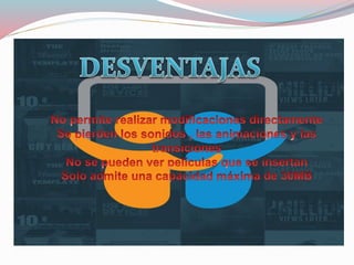  No permite realizar modificaciones directamente
 Se pierden los sonidos , las animaciones y las
transiciones
 No se pueden ver películas que se insertan
 Solo admite una capacidad máxima de 30MB
 