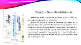 Dentro de los ficheros interpretados tenemos:
Ficheros de imagen: Las imágenes es de lejos el tipo de fichero más
utilizado para esteganografiar mensajes ocultos.
Aunque son muchas las formas de representar una imagen en un
ordenador, todas tienen un denominador común: tienen que representar colores
mediante bits, bien sea cada punto, vectores o tablas. Nuestra principal arma es
la calidad de la imagen, por lo que según la profundidad de color será más o
menos sencillo la realización de esteganografía. Con 4 y 8 bits (16 y 256 colores
respectivamente) la variedad no es muy alta, por lo que la diferencia entre
colores contiguos es poca.
 