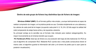 Dentro de este grupo de fichero hay distintitos tipo de fichero de imagen:
Windows BitMaP (BMP): Es el formato gráfico más simple, y aunque teóricamente es capaz de
realizar compresión de imagen, en la práctica jamás se usa. Consiste simplemente en una cabecera y
los valores de cada pixel de la imagen (ocupando cada pixel 4, 8, 16, 24 o 32 bits según la calidad del
color) empezando de abajo hacia arriba y de izquierda a derecha.
Su principal ventaja es la sencillez (es el formato más indicado para realizar esteganografía). Su
mayor inconveniente es el inmenso tamaño que ocupan.
PC Paintbrush (PCX): Este tipo de fichero es una evolución del mapa de bits tradicional. En PCX se
usa el algoritmo de compresión RLE. Mediante RLE cuando dos o más pixels consecutivos tienen el
mismo color, el algoritmo guarda la información del color y el número de pixels que lo usan (para la
posterior visualización).
 