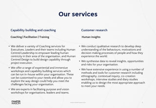 Our services
www.chartermason.com 8
Capability building and coaching
Coaching | Facilitation | Training
Customer research
...
