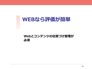 16
WEBなら評価が簡単
Webとコンテンツの位置づけ整理理が
必須
 