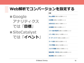 18
Web解析でコンバージョンを設定する
n Google
アナリティクス
では「⽬目標」
n SiteCatalyst
では「イベント」
 