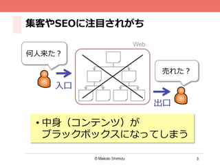 3
集客やSEOに注⽬目されがち
何⼈人来た？
⼊入⼝口
売れた？
出⼝口
• 中⾝身（コンテンツ）が
ブラックボックスになってしまう
Web
 