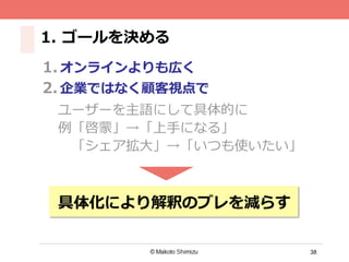 38
1.  ゴールを決める
1.  オンラインよりも広く
2.  企業ではなく顧客視点で
ユーザーを主語にして具体的に 
例例「啓蒙」→「上⼿手になる」 
 　「シェア拡⼤大」→「いつも使いたい」	
具体化により解釈のブレを減らす
 