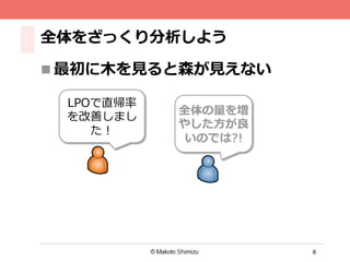 8
全体をざっくり分析しよう
n 最初に⽊木を⾒見見ると森が⾒見見えない
LPOで直帰率率率
を改善しまし
た！
全体の量量を増
やした⽅方が良良
いのでは?!
 