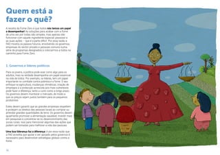 10
Quem está a
fazer o quê?
A receita da Fome Zero é que todos nós temos um papel
a desempenhar! As soluções para acabar com a fome
de uma vez por todas são simples, mas apenas irão
funcionar com aquele ingrediente especial: pessoas! e
as suas ações – que é a parte difícil. Por essa razão a
FAO mostra os passos futuros, envolvendo os governos,
empresas do sector privado e pessoas comuns numa
série de programas designados a colocarmos a todos na
caminho para Fome Zero.
1. Governos e líderes políticos
Para os jovens, a política pode soar como algo para os
adultos, mas na verdade desempenha um papel essencial
na vida de todos. Por exemplo, os líderes, tem um papel
importante no combate contra pobreza e a fome. O seu
enfoque na agricultura, mudanças climáticas, criação de
empregos e a protecção acrescida aos mais vulneráveis
pode fazer a diferença, tanto a curto como a longo prazo.
Os governos devem monitorar o mercado, de modo a
que os preços sejam justos também para os pequenos
produtores.
Estes devem garantir que as grandes empresas respeitem
e protejam os direitos das pessoas locais ao comprar ou
arrendar grandes quantidades de terra. Os governos devem
igualmente promover a alimentação saudável, investir mais
em pesquisas e concentrar-se no desenvolvimento das
zonas rurais. Isso para mencionar algumas das ações que
podem ser tomadas para melhorar a vida das pessoas.
Uma boa liderança faz a diferença: é por essa razão que
a FAO acredita que apoiar e ser apoiado pelos governos é
necessário para desenvolver estratégias globais contra a
fome.
 