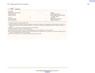 C8 Patología general de las neoplasias 153
Esteroides
Anabólicos (oximetolona) Hígado
Anticonceptivos + Hígado (hamartoma)
Hábito de fumar + Boca, faringe, laringe, pulmón,
esófago, vejiga
Luz UV + + Piel, labio
Cloruro de vinilo + + Hígado (angiosarcoma)
Virus (hepatitis B) + Hígado (hepatoma)
* Ampliado del grupo de trabajo del IARC, 1980.
Este cuadro se limita a las causas firmemente establecidas. Hemos omitido algunos de los determinantes más importantes del cáncer hu-
mano. (Algunos casos limítrofes no permitieron llegar a un acuerdo; p. ej., buscando un equilibrio incluimos el cadmio y excluimos el
berilio.)
Un signo más (+) indica que se ha obtenido prueba de carcinogenicidad.
§ Únicamente algunos compuestos o estados oxidativos.
Por ejemplo, por rayos X, torio, thorotrast, algunos trabajadores en minas subterráneas y otras ocupaciones.
Nota: La exposición profesional a herbicidas del tipo de los fenoxiácidos y clorofenoles (o sus impurezas) es causa bien establecida de sar-
comas de los tejidos blandos y, quizá, de linfomas.
Doll R, Peto R: The causes of caitcer, Nueva York, Oxford Universíty Press, 1981.
TABLA 8-4 Continuación
© 2007 Editorial Médica Panamericana, S.A de C.V.
Cisfarm
 