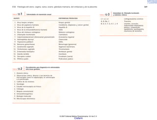 C12 Patología del útero, vagina, vulva, ovario, glándula mamaria, del embarazo y de la placenta 369
AGENTE ENFERMEDAD PRODUCIDA
1. Virus herpes simplex Herpes genital
2. Virus del papiloma humano Condiloma, displasias y cáncer genital
3. Virus de la hepatitis B Hepatitis B
4. Virus de la inmunodeficiencia humana SIDA
5. Virus del molusco contagioso Molusco contagioso
6. Chlamydia trachomatis Clamidiasis
7. Calymmatobacterium (Donovania) granulomatis Granuloma inguinal
8. Haemophilus ducreyi Chancroide
9. Treponema pallidum Sífilis
10. Neisseria gonorrhoeae Blenorragia (gonorrea)
11. Gardnerella vaginalis Vaginosis bacteriana
12. Trichomonas vaginalis Tricomoniasis
13. Entamoeba histolytica Amibiasis genital
14. Giardia lamblia Giardiasis
15. Sarcoptes scabiei Escabiasis (sarna)
16. Phthirus pubis Pediculosis púbica
TABLA 12-1 Enfermedades de transmisión sexual
1. Historia clínica
2. Observación clínica, directa o con técnicas de
microscopia como la colposcopia, la vulvoscopia
o la peniscopia
3. Cultivo de las lesiones
4. Serología
5. Estudio microscópico en fresco
6. Citología
7. Biopsia convencional
8. Inmunohistoquímica
9. Biología molecular
10. Microscopia electrónica
TABLA 12-2
Procedimientos para diagnóstico de enfermedades
infecciosas genitales
L1, L2, L3 Linfogranuloma venéreo
A, B, Ba, C Tracoma
B, D, E, F, G, H, I, J, K Uretritis, cervicitis,
enfermedad inflamatoria
pélvica, conjuntivitis,
epididimitis, perihepatitis,
neumonía de lactantes
TABLA 12-3
Inmunotipos de Chlamydia trachomatis
y síndromes clínicos
© 2007 Editorial Médica Panamericana, S.A de C.V.
Cisfarm
 