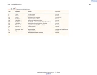 C23 Patología pediátrica 803
TIPO EPÓNIMO ENZIMA INTELECTO
IH Hurler a-l-iduronidasa Retraso
IS Scheie a-l-iduronidasa Normal
IIA Hunter Sulfoiduronato sulfatasa Retraso leve
IIIA Sanfilippo A Heparan sulfato sulfatasa Retraso
IIIB Sanfilippo B N-Acetil-a-O-glucosaminidasa Retraso
IIIC Sanfilippo C Acetil CoA: a-glucosaminido N. acetiltransferasa Retraso
IIID Sanfilippo D N-acetilglucosamino-6-sulfato sulfatasa Retraso
IVA Morquio A b-galactosamina-6-sulfato sulfatasa Normal
IVB Morquio B b-galactosidasa Normal
V
VI Maroteux- Lamy Arilsulfatasa B Normal con retraso tardía
VII Sly b-glucuronidasa normal
VIII glucosamina-6-sulfato sulfatasa Retraso
TABLA 23-12 Mucopolisacaridosis principales
© 2007 Editorial Médica Panamericana, S.A de C.V.
Cisfarm
 