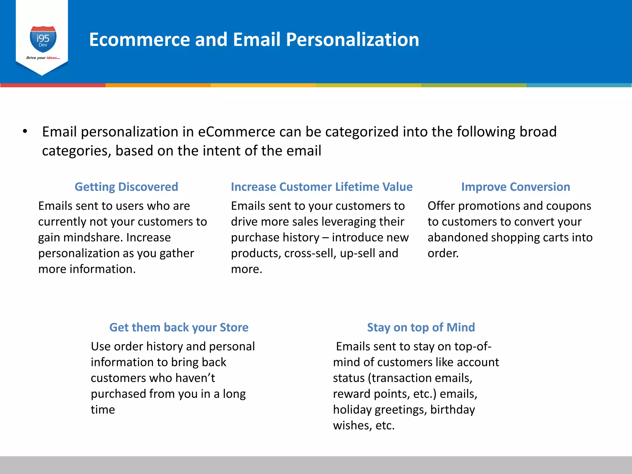 Ecommerce and Email Personalization
© 2015 i95dev
• Email personalization in eCommerce can be categorized into the following broad
categories, based on the intent of the email
Getting Discovered
Emails sent to users who are
currently not your customers to
gain mindshare. Increase
personalization as you gather
more information.
Increase Customer Lifetime Value
Emails sent to your customers to
drive more sales leveraging their
purchase history – introduce new
products, cross-sell, up-sell and
more.
Improve Conversion
Offer promotions and coupons
to customers to convert your
abandoned shopping carts into
order.
Get them back your Store
Use order history and personal
information to bring back
customers who haven’t
purchased from you in a long
time
Stay on top of Mind
Emails sent to stay on top-of-
mind of customers like account
status (transaction emails,
reward points, etc.) emails,
holiday greetings, birthday
wishes, etc.
 