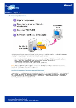 Capítulo 2 | Página 11 |
2.7. Instalar a partir da rede
As instalações a partir da rede funcionam da mesma forma que no Windows NT4.0 e no Windows 2000. No
entanto, há 3 requisitos para começar uma instalação a partir da rede:
Um Servidor de Distribuição que contenha arquivos da instalação i386. (Os computadores Itanium
usam a pasta ia64. Essas pastas estão no CD-ROM do Windows Server 2003).
Uma partição disponível de 2Gb no computador.
Um cliente de rede para conexão ao Servidor de Distribuição.
Nota: O Microsoft Windows Preinstallation Environment (WinPE) permitirá que um cliente conecte-se ao
Servidor de Distribuição. Obtenha informações em:
http://www.microsoft.com/licensing/programs/sa/default.mspx
Os passos para a instalação são semelhantes aos do Windows NT 4.0 e do Windows 2000; a única diferença é
que é preciso se conectar ao Servidor de Distribuição e executar o Winnt.exe. Durante o processo inicial, os
arquivos necessários são copiados no disco local e, em seguida, o computador é reiniciado. A partir desse
momento, o processo de instalação é normal.
www.microsoft.com/brasil/technet
© 2003 Microsoft Corporation. Todos os direitos reservados.
 