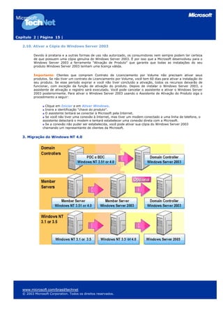 Capítulo 2 | Página 15 |
2.10. Ativar a Cópia do Windows Server 2003
Devido à pirataria e a outras formas de uso não autorizado, os consumidores nem sempre podem ter certeza
de que possuem uma cópia genuína do Windows Server 2003. É por isso que a Microsoft desenvolveu para o
Windows Server 2003 a ferramenta "Ativação de Produto" que garante que todas as instalações do seu
produto Windows Server 2003 tenham uma licença válida.
Importante: Clientes que compram Contrato de Licenciamento por Volume não precisam ativar seus
produtos. Se não tiver um contrato de Licenciamento por Volume, você tem 60 dias para ativar a instalação do
seu produto. Se esse período expirar e você não tiver concluído a ativação, todos os recursos deixarão de
funcionar, com exceção da função de ativação do produto. Depois de instalar o Windows Server 2003, o
assistente de ativação e registro será executado. Você pode cancelar o assistente e ativar o Windows Server
2003 posteriormente. Para ativar o Windows Server 2003 usando o Assistente de Ativação do Produto siga o
procedimento a seguir:
Clique em Iniciar e em Ativar Windows.
Insira a identificação "chave do produto".
O assistente tentará se conectar à Microsoft pela Internet.
Se você não tiver uma conexão à Internet, mas tiver um modem conectado a uma linha de telefone, o
assistente detectará o modem e tentará estabelecer uma conexão direta com a Microsoft.
Se a conexão não puder ser estabelecida, você pode ativar sua cópia do Windows Server 2003
chamando um representante de clientes da Microsoft.
3. Migração do Windows NT 4.0
www.microsoft.com/brasil/technet
© 2003 Microsoft Corporation. Todos os direitos reservados.
 