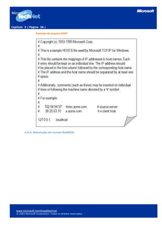 Capítulo 3 | Página 36 |
Exemplo de arquivo HOST
4.6.2. Resolução de nomes NetBIOS
www.microsoft.com/brasil/technet
© 2003 Microsoft Corporation. Todos os direitos reservados.
 