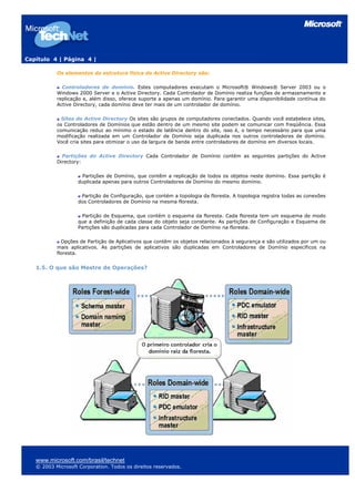 Capítulo 4 | Página 4 |
Os elementos da estrutura física do Active Directory são:
Controladores de domínio. Estes computadores executam o Microsoft® Windows® Server 2003 ou o
Windows 2000 Server e o Active Directory. Cada Controlador de Domínio realiza funções de armazenamento e
replicação e, além disso, oferece suporte a apenas um domínio. Para garantir uma disponibilidade contínua do
Active Directory, cada domínio deve ter mais de um controlador de domínio.
Sites do Active Directory Os sites são grupos de computadores conectados. Quando você estabelece sites,
os Controladores de Domínios que estão dentro de um mesmo site podem se comunicar com freqüência. Essa
comunicação reduz ao mínimo o estado de latência dentro do site, isso é, o tempo necessário para que uma
modificação realizada em um Controlador de Domínio seja duplicada nos outros controladores de domínio.
Você cria sites para otimizar o uso da largura de banda entre controladores de domínio em diversos locais.
Partições do Active Directory Cada Controlador de Domínio contém as seguintes partições do Active
Directory:
Partições de Domínio, que contêm a replicação de todos os objetos neste domínio. Essa partição é
duplicada apenas para outros Controladores de Domínio do mesmo domínio.
Partição de Configuração, que contém a topologia da floresta. A topologia registra todas as conexões
dos Controladores de Domínio na mesma floresta.
Partição de Esquema, que contém o esquema da floresta. Cada floresta tem um esquema de modo
que a definição de cada classe do objeto seja constante. As partições de Configuração e Esquema de
Partições são duplicadas para cada Controlador de Domínio na floresta.
Opções de Partição de Aplicativos que contêm os objetos relacionados à segurança e são utilizados por um ou
mais aplicativos. As partições de aplicativos são duplicadas em Controladores de Domínio específicos na
floresta.
1.5. O que são Mestre de Operações?
www.microsoft.com/brasil/technet
© 2003 Microsoft Corporation. Todos os direitos reservados.
 