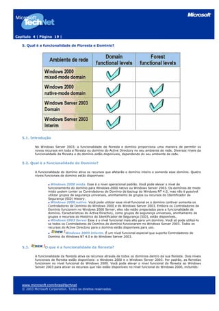 Capítulo 4 | Página 19 |
5. Qual é a funcionalidade de Floresta e Domínio?
5.1. Introdução
No Windows Server 2003, a funcionalidade de floresta e domínio proporciona uma maneira de permitir os
novos recursos em toda a floresta ou domínio do Active Directory no seu ambiente de rede. Diversos níveis da
funcionalidade da floresta e do domínio estão disponíveis, dependendo do seu ambiente de rede.
5.2. Qual é a funcionalidade do Domínio?
A funcionalidade do domínio ativa os recursos que afetarão o domínio inteiro e somente esse domínio. Quatro
níveis funcionais de domínio estão disponíveis:
Windows 2000 mista. Esse é o nível operacional padrão. Você pode elevar o nível de
funcionamento do domínio para Windows 2000 nativo ou Windows Server 2003. Os domínios de modo
misto podem conter os Controladores de Domínio de backup do Windows NT 4.0, mas não é possível
utilizar grupos de segurança universais, aninhamento de grupos ou recursos do Identificador de
Segurança (SID) History.
Windows 2000 nativo. Você pode utilizar esse nível funcional se o domínio contiver somente os
Controladores de Domínio do Windows 2000 e do Windows Server 2003. Embora os Controladores de
Domínio funcionem no Windows 2000 Server, eles não estão preparados para a funcionalidade de
domínio. Características do Active Directory, como grupos de segurança universais, aninhamento de
grupos e recursos do Histórico do Identificador de Segurança (SID), estão disponíveis.
Windows 2003 Server Esse é o nível funcional mais alto para um domínio. Você só pode utilizá-lo
se todos os Controladores de Domínio do domínio funcionarem no Windows Server 2003. Todos os
recursos do Active Directory para o domínio estão disponíveis para uso.
Windows 2003 Interim. É um nível funcional especial que suporta Controladores de
Domínio do Windows NT 4.0 e do Windows Server 2003.
5.3. O que é a funcionalidade da floresta?
A funcionalidade da floresta ativa os recursos através de todos os domínios dentro da sua floresta. Dois níveis
funcionais de floresta estão disponíveis: o Windows 2000 e o Windows Server 2003. Por padrão, as florestas
funcionam no nível funcional do Windows 2000. Você pode elevar o nível funcional da floresta ao Windows
Server 2003 para ativar os recursos que não estão disponíveis no nível funcional do Windows 2000, incluindo:
www.microsoft.com/brasil/technet
© 2003 Microsoft Corporation. Todos os direitos reservados.
 