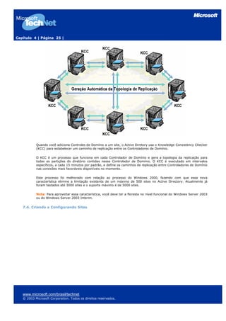 Capítulo 4 | Página 25 |
Quando você adiciona Controles de Domínio a um site, o Active Diretory usa o Knowledge Consistency Checker
(KCC) para estabelecer um caminho de replicação entre os Controladores de Domínio.
O KCC é um processo que funciona em cada Controlador de Domínio e gera a topologia da replicação para
todas as partições do diretório contidas nesse Controlador de Domínio. O KCC é executado em intervalos
específicos, a cada 15 minutos por padrão, e define os caminhos de replicação entre Controladores de Domínio
nas conexões mais favoráveis disponíveis no momento.
Este processo foi melhorado com relação ao processo do Windows 2000, fazendo com que essa nova
característica elimine a limitação existente de um máximo de 500 sites no Active Directory. Atualmente já
foram testados até 3000 sites e o suporte máximo é de 5000 sites.
Nota: Para aproveitar essa característica, você deve ter a floresta no nível funcional do Windows Server 2003
ou do Windows Server 2003 Interim.
7.4. Criando e Configurando Sites
www.microsoft.com/brasil/technet
© 2003 Microsoft Corporation. Todos os direitos reservados.
 
