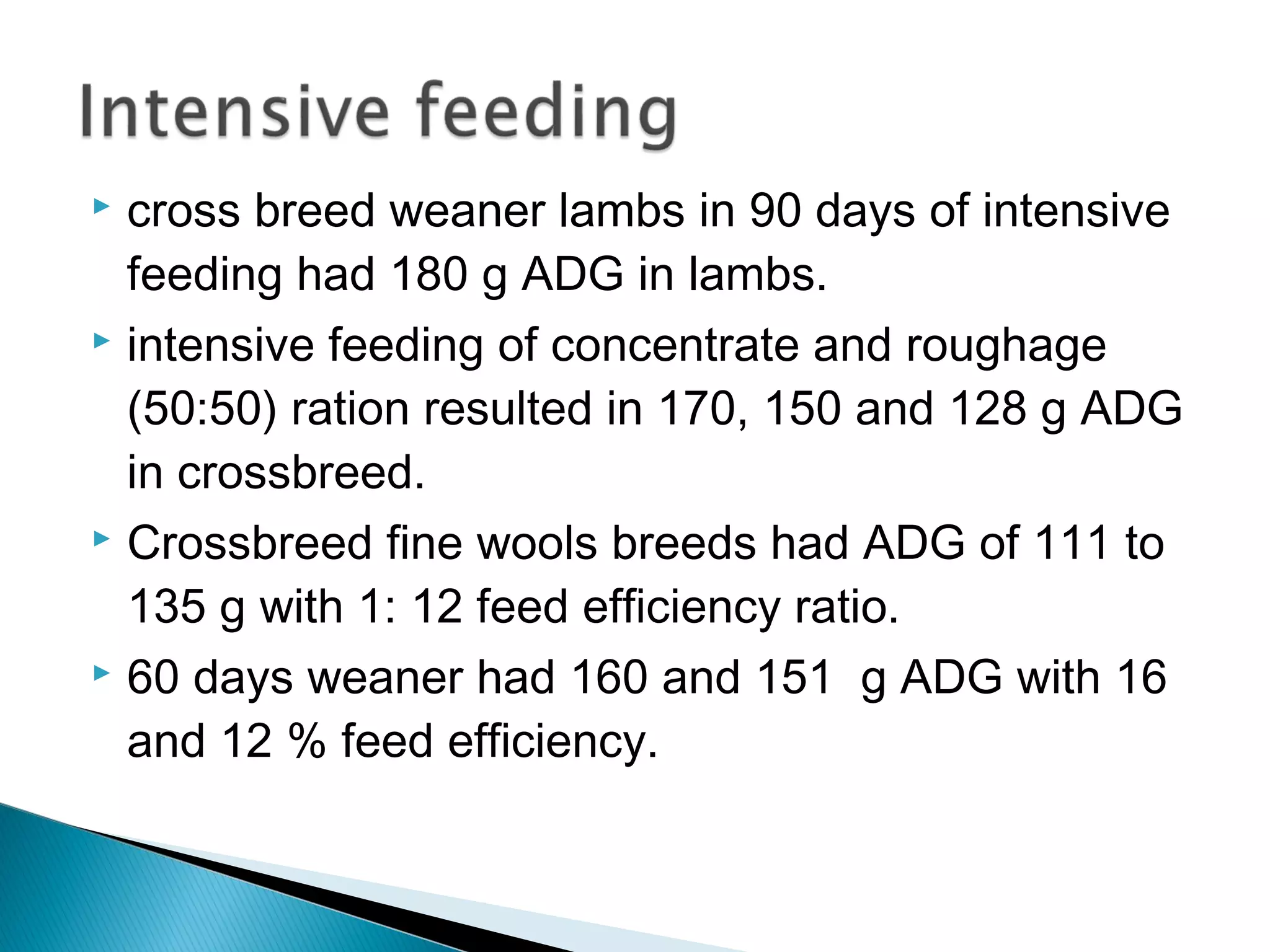  cross breed weaner lambs in 90 days of intensive
feeding had 180 g ADG in lambs.
 intensive feeding of concentrate and roughage
(50:50) ration resulted in 170, 150 and 128 g ADG
in crossbreed.
 Crossbreed fine wools breeds had ADG of 111 to
135 g with 1: 12 feed efficiency ratio.
 60 days weaner had 160 and 151 g ADG with 16
and 12 % feed efficiency.
 