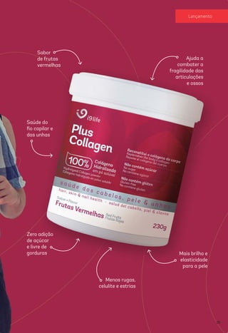 Sabor
de frutas
vermelhas
Zero adição
de açúcar
e livre de
gorduras Mais brilho e
elasticidade
para a pele
Saúde do
ﬁo capilar e
das unhas
Ajuda a
combater a
fragilidade das
articulações
e ossos
Menos rugas,
celulite e estrias
25
Lançamento
 