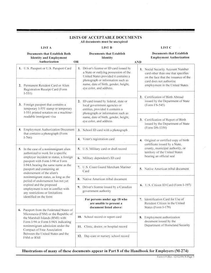 I 9 List Of Acceptable Documents I 9 List Of Acceptable Documents