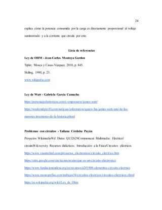 24
explica cómo la potencia consumida por la carga es directamente proporcional al voltaje
suministrado y a la corriente que circula por este.
Lista de referencias
Ley de OHM - Jean Carlos Montoya Gordon
Tipler, Mosca y Casas-Vázquez, 2010, p. 845.
Skiling, 1980, p. 23.
www.wikipedia.com
Ley de Watt - Gabriela García Camacho
https://personajeshistoricos.com/c-empresario/james-watt/
https://weekend.perfil.com/noticias/informativo/quien-fue-james-watt-uno-de-los-
mayores-inventores-de-la-historia.phtml
Problemas con circuitos - Yuliana Córdoba Payán
Proyectos WikimediaWd Datos: Q132629Commonscat Multimedia: Electrical
circuitsWikiversity Recursos didácticos: Introducción a la Física/Circuitos eléctricos
https://www.viasatelital.com/proyectos_electronicos/circuito_electrico.htm
https://sites.google.com/site/tecnocircuito/que-es-un-circuito-electronico
https://www.fundacionendesa.org/es/recursos/a201908-elementos-circuito-electrico
https://www.monografias.com/trabajos34/circuitos-electricos/circuitos-electricos.shtml
https://es.wikipedia.org/wiki/Ley_de_Ohm
 