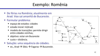 Exemplo: Romênia
▪ De férias na Romênia; atualmente em
Arad. Voo sai amanhã de Bucareste.
▪ Formular problema:
▪ espaço de estados: cidades
▪ estado inicial: In(Arad)
▪ modelo de transições: permite dirigir
entre cidades vizinhas;
▪ objetivo: estar em Bucareste
▪ custo = distância.
▪ Solução: uma sequência de cidades.
▪ ex., Arad → Sibiu → Fagaras → Bucareste.
17
 