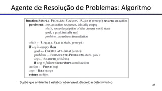 Agente de Resolução de Problemas: Algoritmo
Supõe que ambiente é estático, observável, discreto e determinístico.
21
 