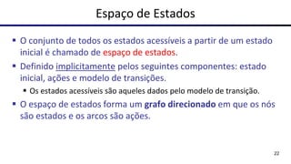 Espaço de Estados
▪ O conjunto de todos os estados acessíveis a partir de um estado
inicial é chamado de espaço de estados.
▪ Definido implicitamente pelos seguintes componentes: estado
inicial, ações e modelo de transições.
▪ Os estados acessíveis são aqueles dados pelo modelo de transição.
▪ O espaço de estados forma um grafo direcionado em que os nós
são estados e os arcos são ações.
22
 