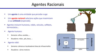 Agentes Racionais
▪ Um agente é uma entidade que percebe e age.
▪ Um agente racional seleciona ações que maximizem
a sua utilidade (esperada).
▪ Agentes incluem humanos, robôs, veículos, softbots,
termostatos...
▪ Agente humano:
▪ Sensores: olhos, ouvidos, ...
▪ Atuadores: mãos , pés, boca, ...
▪ Agente robô:
▪ Sensores: câmeras e localizadores faixa do infravermelho
▪ Atuadores : vários motores
Agente
?
Sensores
Atuadores
Ambiente
percepções
ações
 