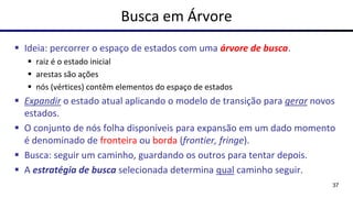 Busca em Árvore
▪ Ideia: percorrer o espaço de estados com uma árvore de busca.
▪ raiz é o estado inicial
▪ arestas são ações
▪ nós (vértices) contêm elementos do espaço de estados
▪ Expandir o estado atual aplicando o modelo de transição para gerar novos
estados.
▪ O conjunto de nós folha disponíveis para expansão em um dado momento
é denominado de fronteira ou borda (frontier, fringe).
▪ Busca: seguir um caminho, guardando os outros para tentar depois.
▪ A estratégia de busca selecionada determina qual caminho seguir.
37
 