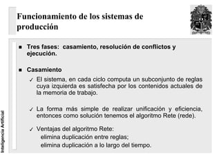 Funcionamiento de los sistemas de
                          producción

                            Tres fases: casamiento, resolución de conflictos y
                            ejecución.

                            Casamiento
                               El sistema, en cada ciclo computa un subconjunto de reglas
                               cuya izquierda es satisfecha por los contenidos actuales de
                               la memoria de trabajo.

                               La forma más simple de realizar unificación y eficiencia,
Inteligencia Artificial




                               entonces como solución tenemos el algoritmo Rete (rede).

                               Ventajas del algoritmo Rete:
                                elimina duplicación entre reglas;
                                elimina duplicación a lo largo del tiempo.
 