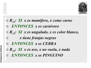 R12: SI x es mamífero, x come carne
                           ENTONCES x es carnívoro
                          R13: SI x es ungulado, x es color blanco,
                                x tiene franjas negras
                           ENTONCES x es CEBRA
Inteligencia Artificial




                          R14: SI x es ave, x no vuela, x nada
                           ENTONCES x es PINGUINO
 
