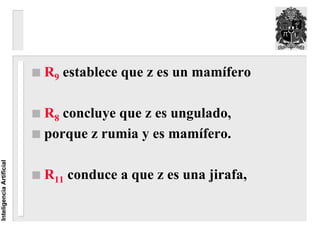 R9 establece que z es un mamífero

                          R8 concluye que z es ungulado,
                          porque z rumia y es mamífero.
Inteligencia Artificial




                          R11 conduce a que z es una jirafa,
 