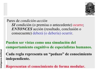 Pares de condición-acción
                             SI condición (o premisa o antecedente) ocurre;
                             ENTONCES acción (resultado, conclusión o
                             consecuente) deberá (o debería) ocurrir.

                          Pueden ser vistas como una simulación del
                          comportamiento cognitivo de especialistas humanos.
Inteligencia Artificial




                          Cada regla representa un “pedazo” de conocimiento
                          independiente.

                          Representan el conocimiento de forma modular.
 