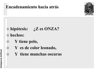 Encadenamiento hacia atrás



                            hipótesis: ¿Z es ONZA?
                            hechos:
                              Y tiene pelo,
                              Y es de color leonado,
Inteligencia Artificial




                              Y tiene manchas oscuras
 