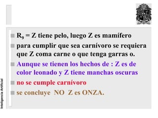 R9 = Z tiene pelo, luego Z es mamífero
                          para cumplir que sea carnívoro se requiera
                          que Z coma carne o que tenga garras o.
                          Aunque se tienen los hechos de : Z es de
                          color leonado y Z tiene manchas oscuras
                          no se cumple carnívoro
Inteligencia Artificial




                          se concluye NO Z es ONZA.
 