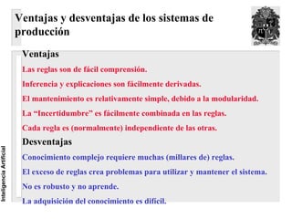Ventajas y desventajas de los sistemas de
                          producción
                           Ventajas
                           Las reglas son de fácil comprensión.
                           Inferencia y explicaciones son fácilmente derivadas.
                           El mantenimiento es relativamente simple, debido a la modularidad.
                           La “Incertidumbre” es fácilmente combinada en las reglas.
                           Cada regla es (normalmente) independiente de las otras.
                           Desventajas
Inteligencia Artificial




                           Conocimiento complejo requiere muchas (millares de) reglas.
                           El exceso de reglas crea problemas para utilizar y mantener el sistema.
                           No es robusto y no aprende.
                           La adquisición del conocimiento es difícil.
 