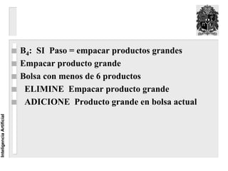 B4: SI Paso = empacar productos grandes
                          Empacar producto grande
                          Bolsa con menos de 6 productos
                           ELIMINE Empacar producto grande
                           ADICIONE Producto grande en bolsa actual
Inteligencia Artificial
 