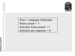 Paso = empaque finalizado
                          Bolsa actual = 3
                          artículos bolsa actual = 1
                          artículos por empacar = 0
Inteligencia Artificial
 