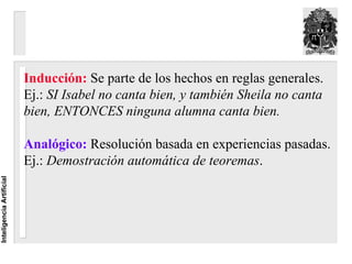 Inducción: Se parte de los hechos en reglas generales.
                          Ej.: SI Isabel no canta bien, y también Sheila no canta
                          bien, ENTONCES ninguna alumna canta bien.

                          Analógico: Resolución basada en experiencias pasadas.
                          Ej.: Demostración automática de teoremas.
Inteligencia Artificial
 