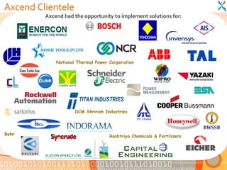 Axcend Clientele
         Axcend had the opportunity to implement solutions for:




             National Thermal Power Corporation




                     DCM Shriram Industries




Behr                                Rashtriya Chemicals & Fertilizers
 