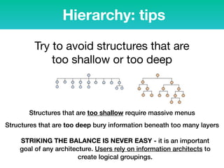 Hierarchy: tips
Try to avoid structures that are
too shallow or too deep
Structures that are too shallow require massive menus
Structures that are too deep bury information beneath too many layers
STRIKING THE BALANCE IS NEVER EASY - it is an important
goal of any architecture. Users rely on information architects to
create logical groupings.
 