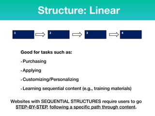 Good for tasks such as:
• Purchasing
• Applying
• Customizing/Personalizing
• Learning sequential content (e.g., training materials)
Structure: Linear
Websites with SEQUENTIAL STRUCTURES require users to go
STEP-BY-STEP, following a speciﬁc path through content.
 