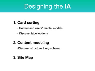 1. Card sorting
• Understand users’ mental models
• Discover label options
 
2. Content modeling
• Discover structure & org scheme
 
3. Site Map
Designing the IA
 