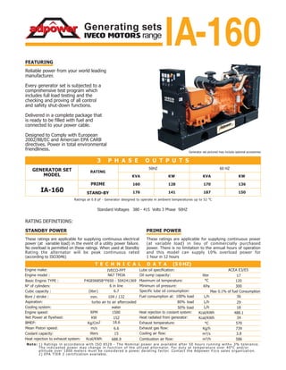 IVECO MOTORS range
Generating sets
IA-160
IA-160
160
176
128
141
170
187
136
150
ACEA E3/E5
Oil sump capacity:
Specific lube oil consumption:
Net Power at flywheel:
BMEP:
Mean Piston speed:
N67 TM3A
6 in line
6.7
turbo air to air aftercooled
152
18.6
Standard Voltages 380 - 415 Volts 3 Phase 50HZ
15
17
120
300
Max 0.1% of fuel Consumption
488.1
34Heat radiated from generator:
570
739
3.8
586
104 / 132
6.6
Minimum oil pressure:
Ratings at 0.8 pf - Generator designed to operate in ambient temperatures up to 52 o
C
1) Ratings in accordance with ISO 8528 - The Nominal power are available after 50 hours running with_+ 3% tolerance.
The indicasted power may change in function of the utlized alternator. For duty at temperature over 40°C and/or
altitude over 1000 meters must be considered a power derating factor. Contact the Adpower Fzco sales organization.
2) EPA TIER 2 certification available.
Note:
688.9
IVECO-FPT
Basic Engine TYPE : F4GE0685B*F650 - 504241369
KPa
Designed to Comply with European
2002/88/EC and Amercian EPA CARB
directives. Power in total environmental
friendliness.
exhaust
coolant
1850% load
2980%
36
 