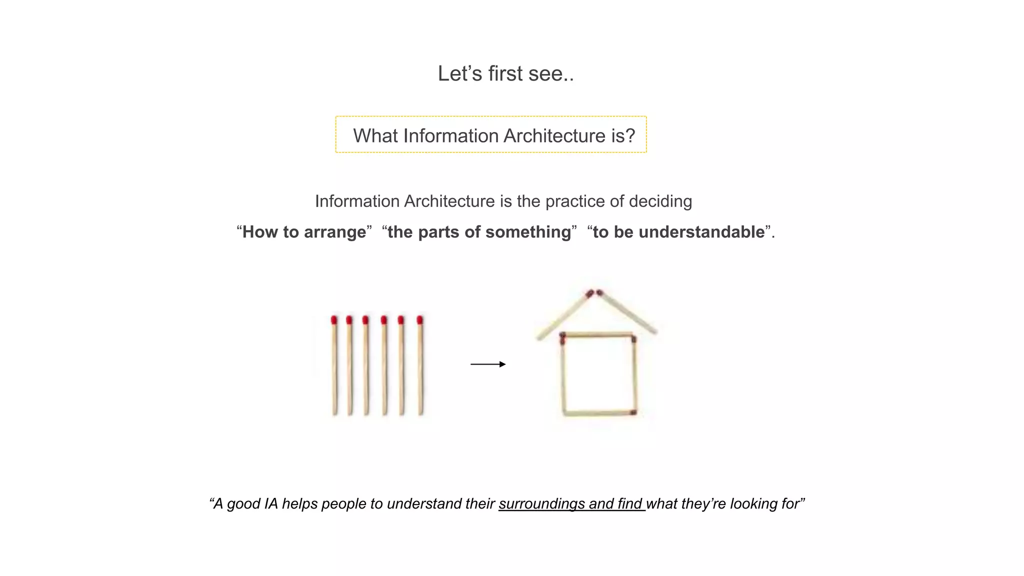 What Information Architecture is?
Information Architecture is the practice of deciding
“How to arrange” “the parts of something” “to be understandable”.
Let’s first see..
“A good IA helps people to understand their surroundings and find what they’re looking for”
 