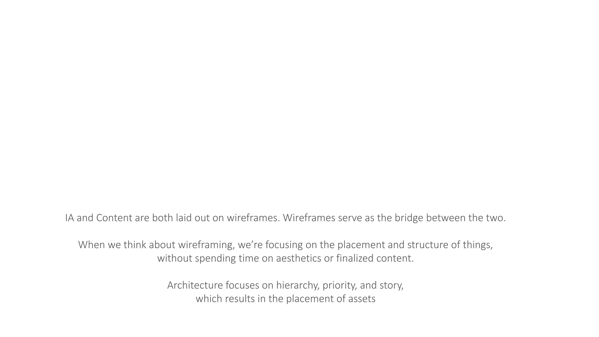 IA and Content are both laid out on wireframes. Wireframes serve as the bridge between the two.
When we think about wireframing, we’re focusing on the placement and structure of things,
without spending time on aesthetics or finalized content.
Architecture focuses on hierarchy, priority, and story,
which results in the placement of assets
Information
Architecture
Wireframe Content
 